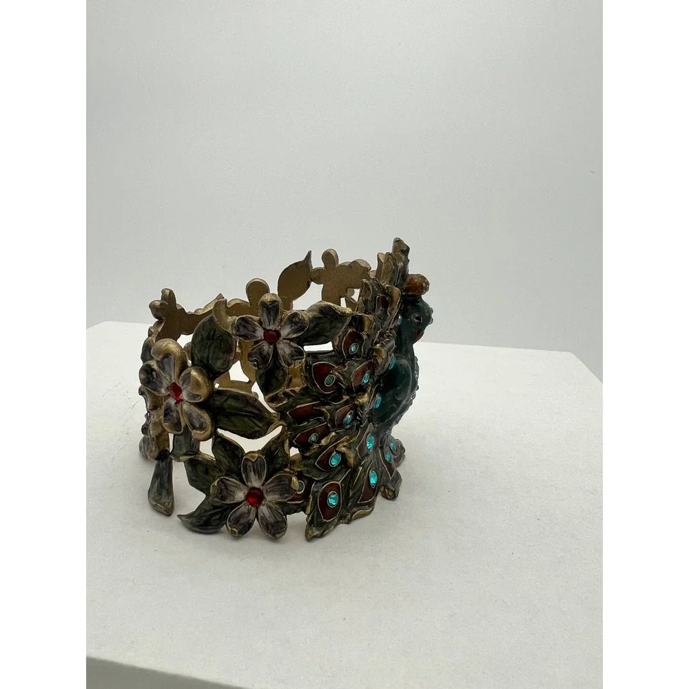 Jeweled Peacock Votive Candle Holder Gold Tone Enamel Rhinestone Floral Decor